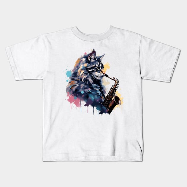Maine Coon Cat Playing Saxophone Kids T-Shirt by Graceful Designs